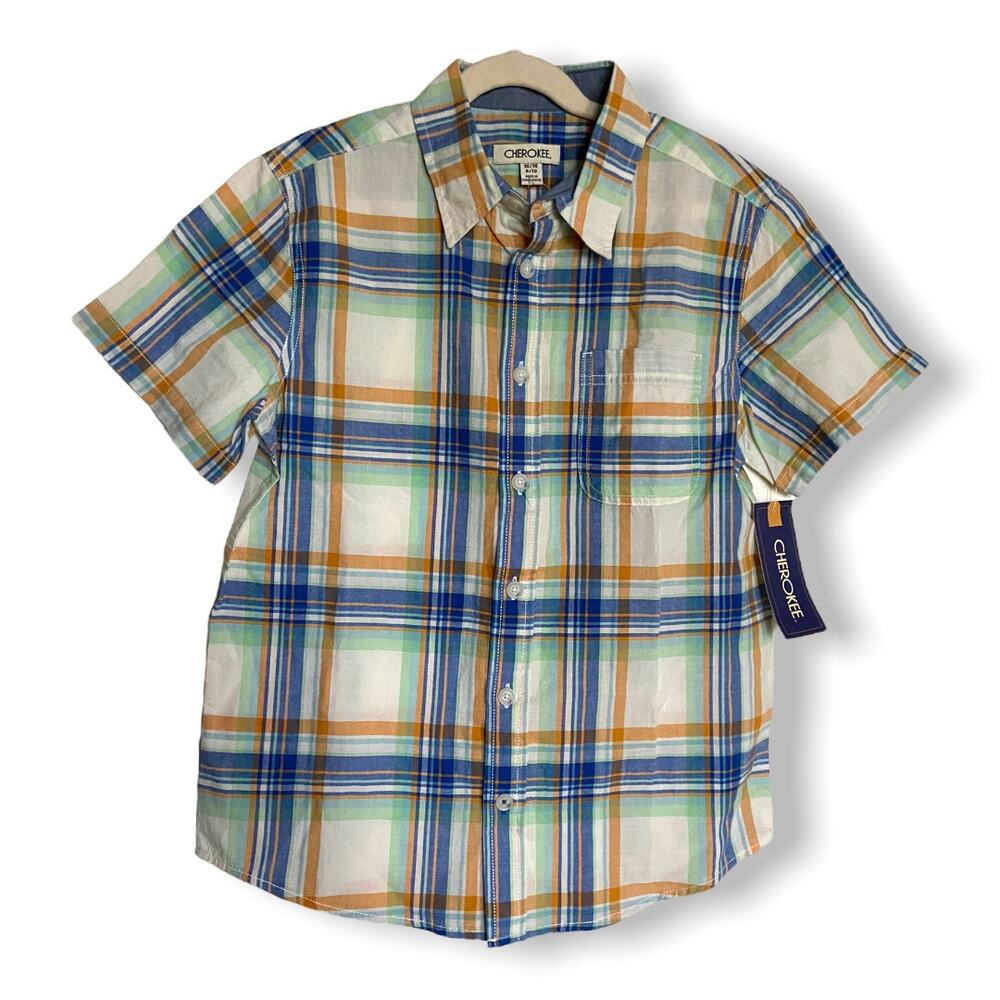 Cherokee Boys Shirt Size M 8 10 Button Up Front Blue Mustard Green Plaid‎ NEW